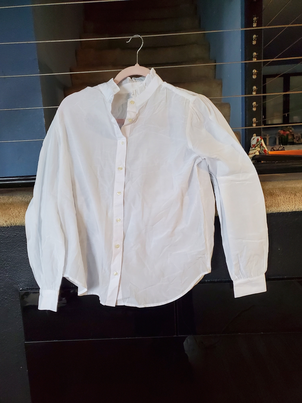 Ann Taylor White Ruffle-Neck Button Front Blouse